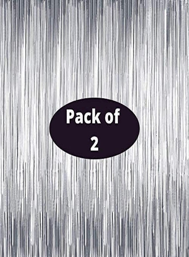 PartyToko 2 Pcs 3ftx6ft Silver Metallic Shimmer Backdrop Tinsel Fringe Foil Curtains Anniversary, Birthday 2pcs - Image 2